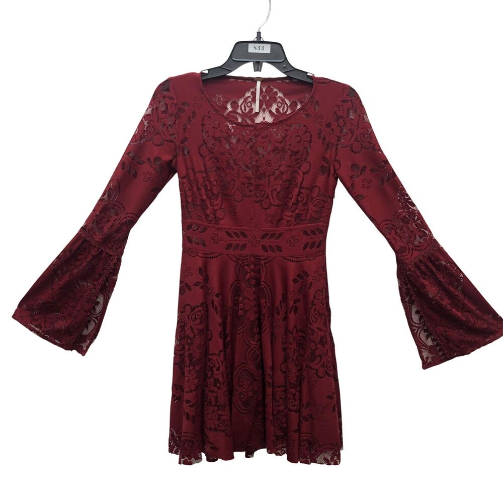 Free People Size XS Wine Red Lace Bell Sleeve Open Back Boho Fairy Grunge Dress